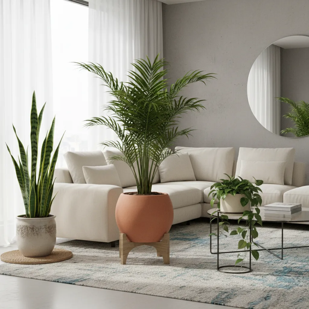 Composición de tres plantas de interior con diferentes alturas en un salón