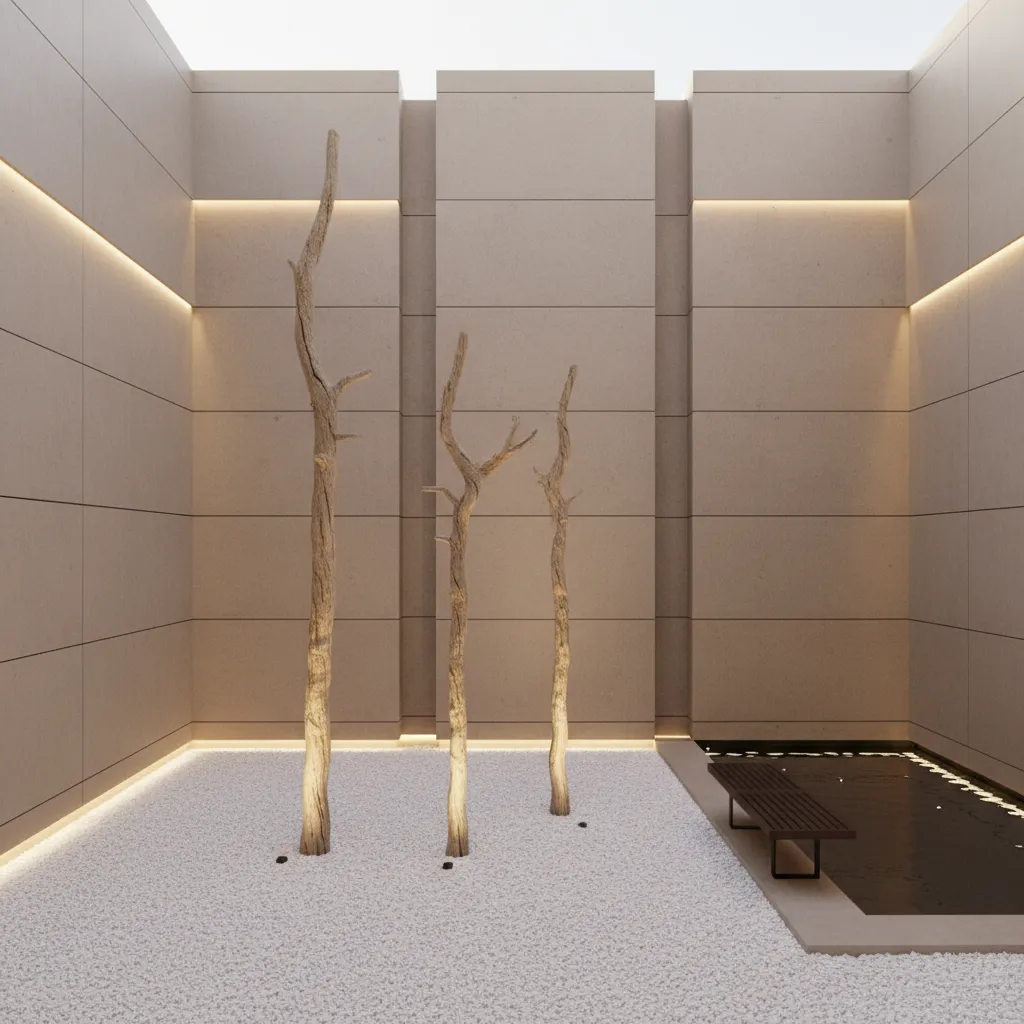 Three tall dried tree branches in a modern pebble courtyard with a bench and pool
