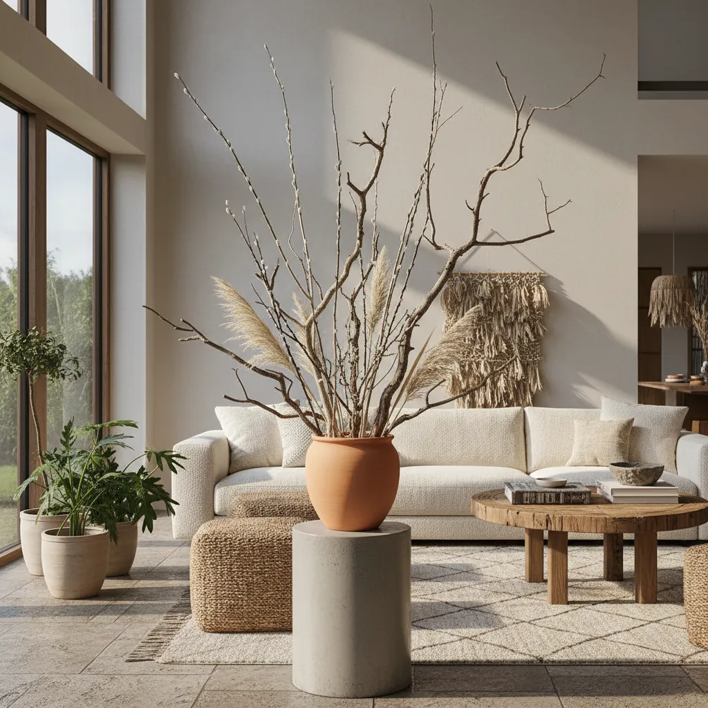 Bright living room with white sofa, clay pot with branches, wooden table and green plants