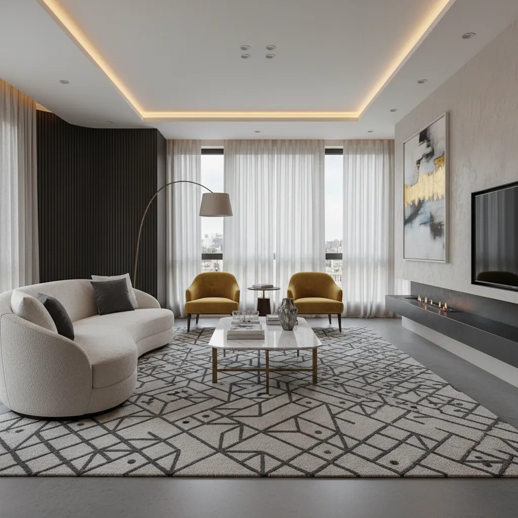 Composición completa de salón con sofá de lujo, alfombra y mesa de centro