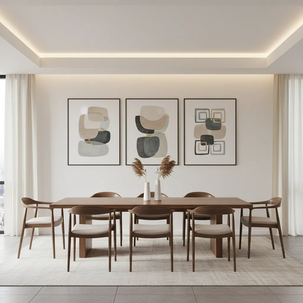 Tres cuadros alineados decorando la pared de un comedor moderno