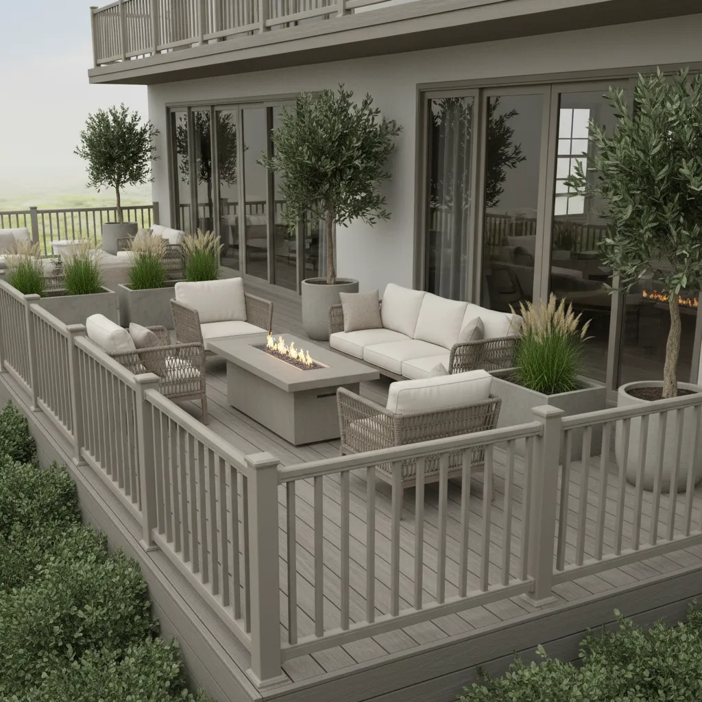 Composite PVC deck railing with modern outdoor seating area
