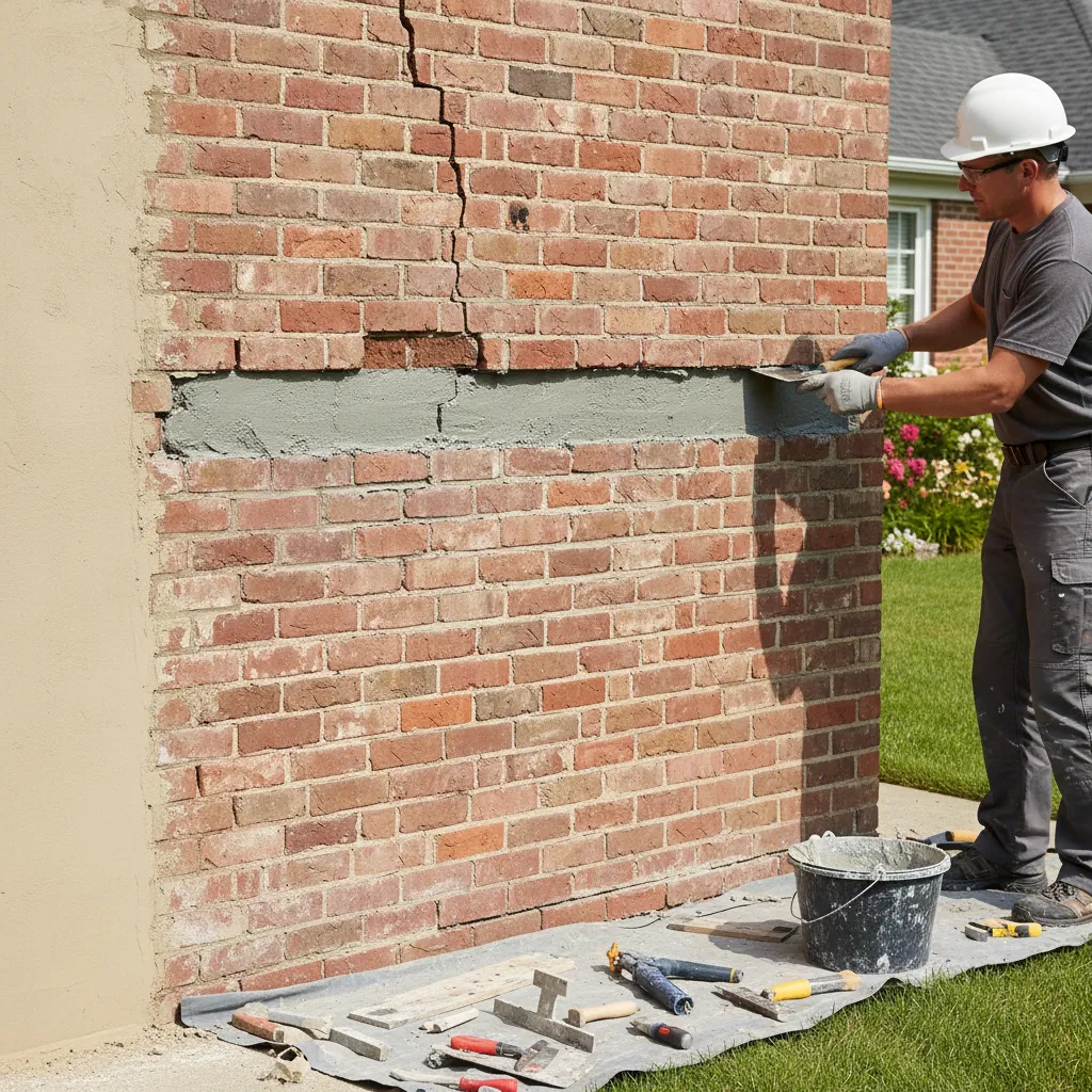 Worker repairing cracks in brick compound wall using sealant and plaster