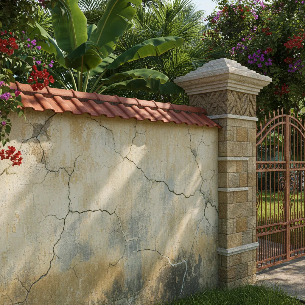 Cracked concrete compound wall near gate pillar in tropical residential property