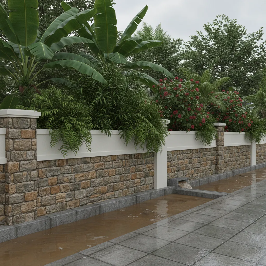 Rainwater accumulation along compound wall base during monsoon