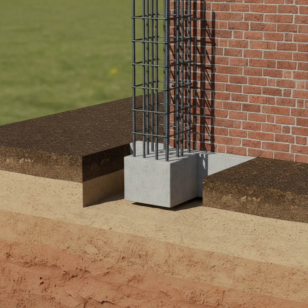 cutaway view showing compound wall concrete foundation and steel reinforcement