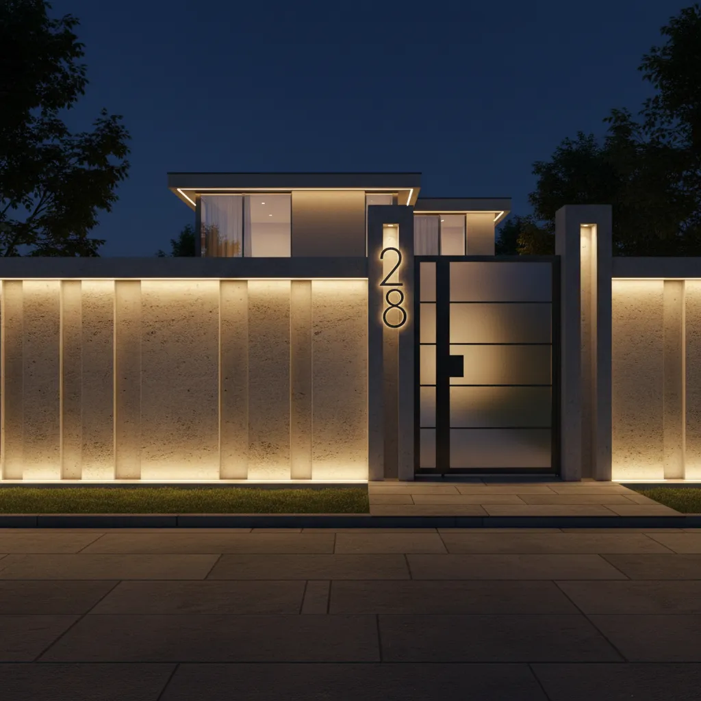 Modern compound wall with integrated LED lighting at night