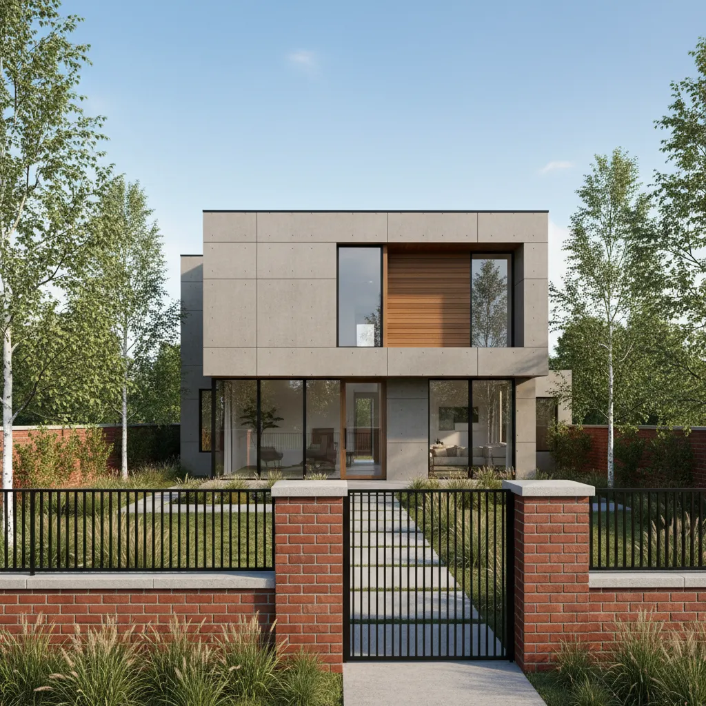 Compound wall combining brick masonry base and metal grill upper section