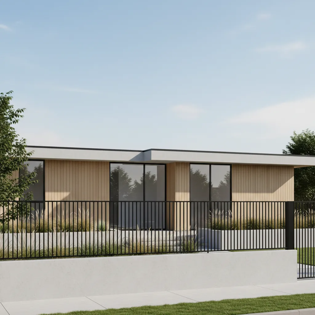Concrete base compound wall with metal grille upper section