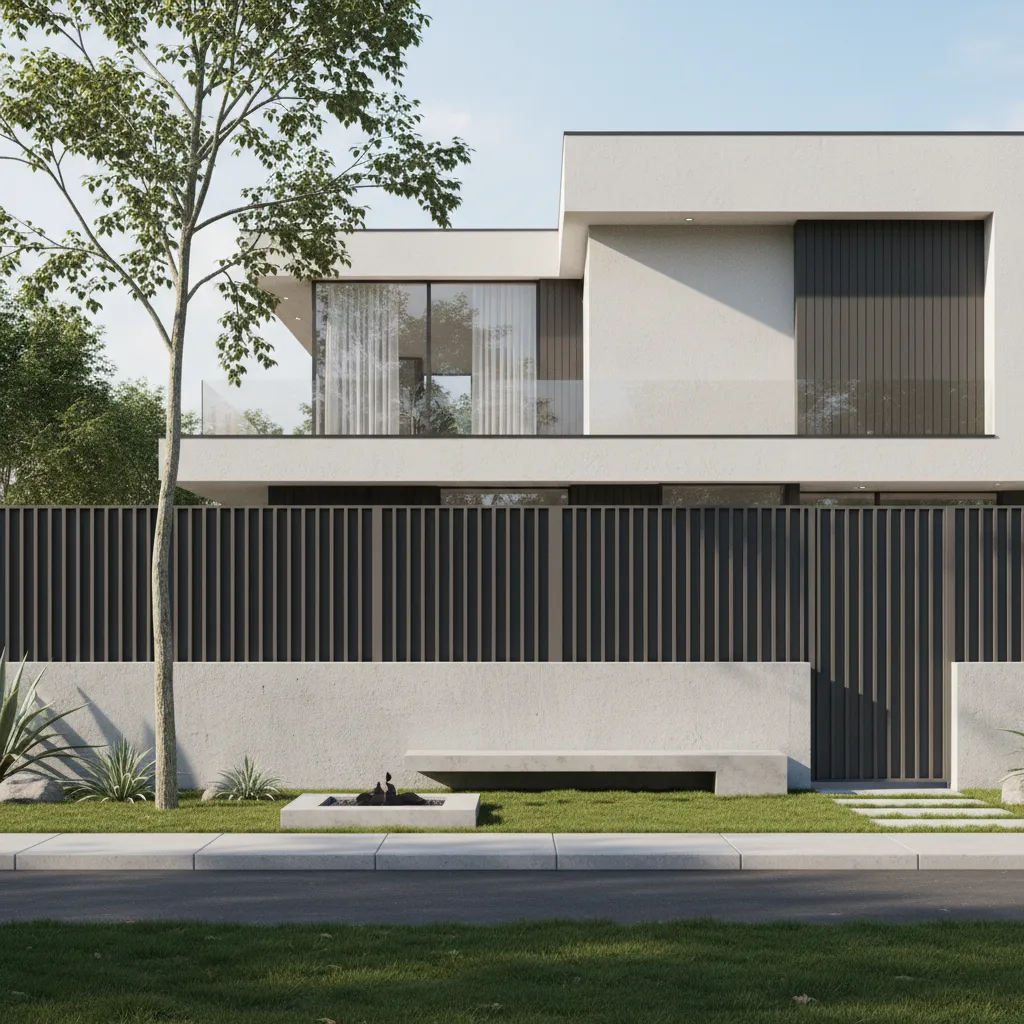 Contemporary home with modern compound wall and entry gate