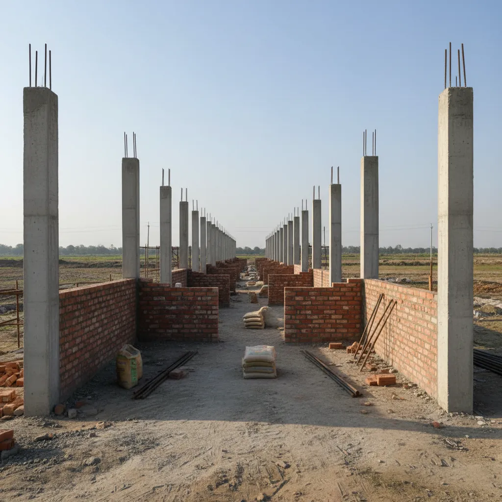 Compound wall construction showing pillar spacing and masonry sections