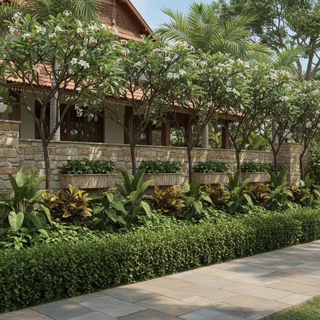 Indian home compound wall with layered landscaping including shrubs hedge and trees