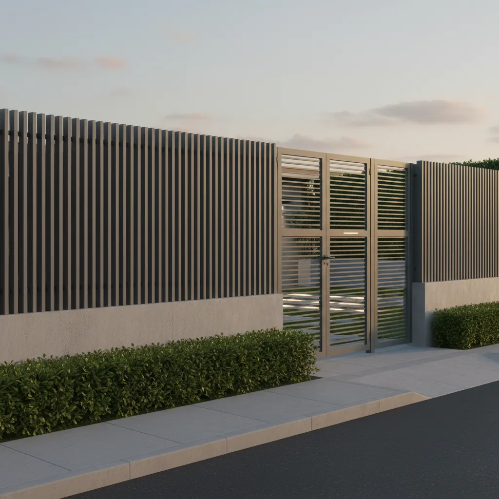 Compound wall with solid base and metal upper panels for privacy and security