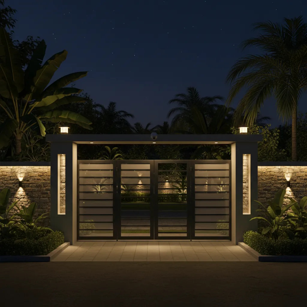 Compound wall entrance with security lighting and camera placement