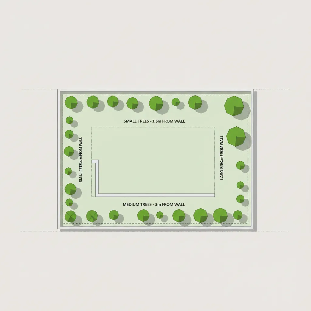 Landscape design diagram showing safe tree spacing from compound wall