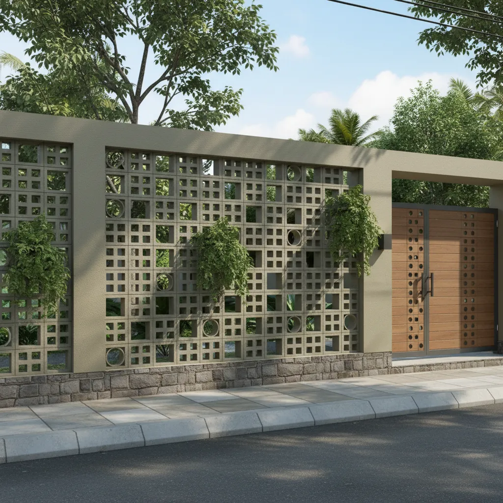 Compound wall with ventilation blocks and patterned openings in Kerala house design
