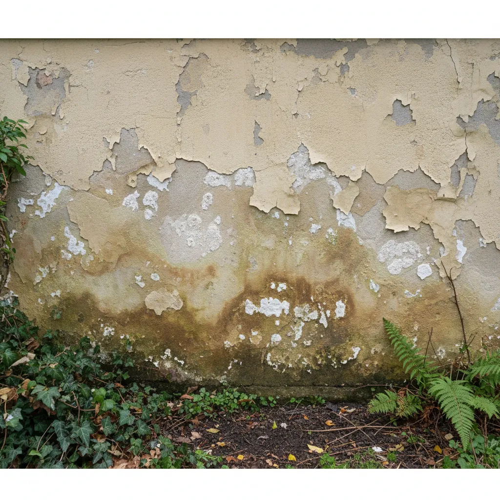 Boundary wall showing moisture stains peeling paint and water damage