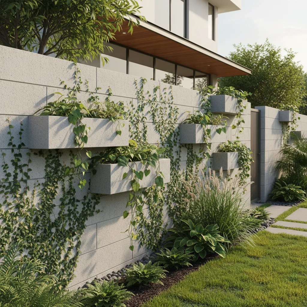 Compound wall design integrated with climbing plants and greenery