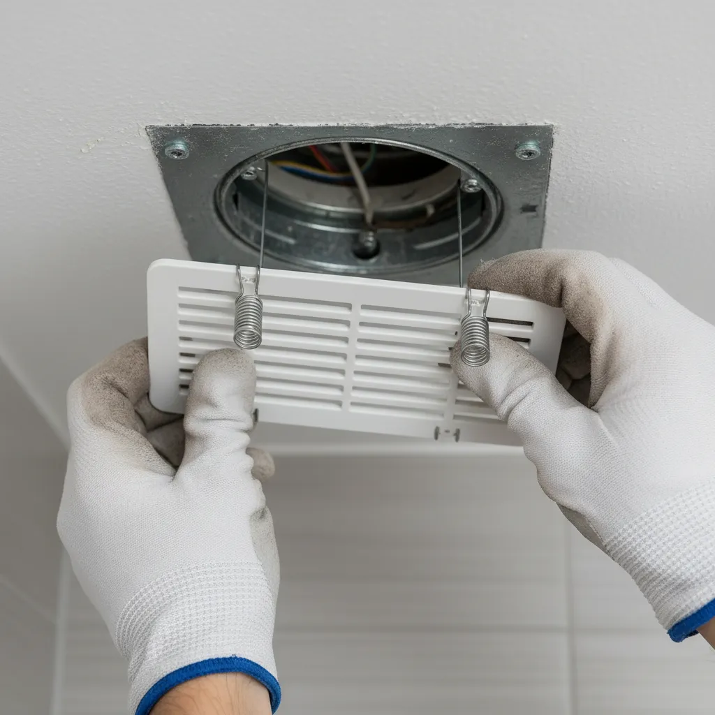 Hands compressing metal spring clips on a bathroom ventilation fan cover