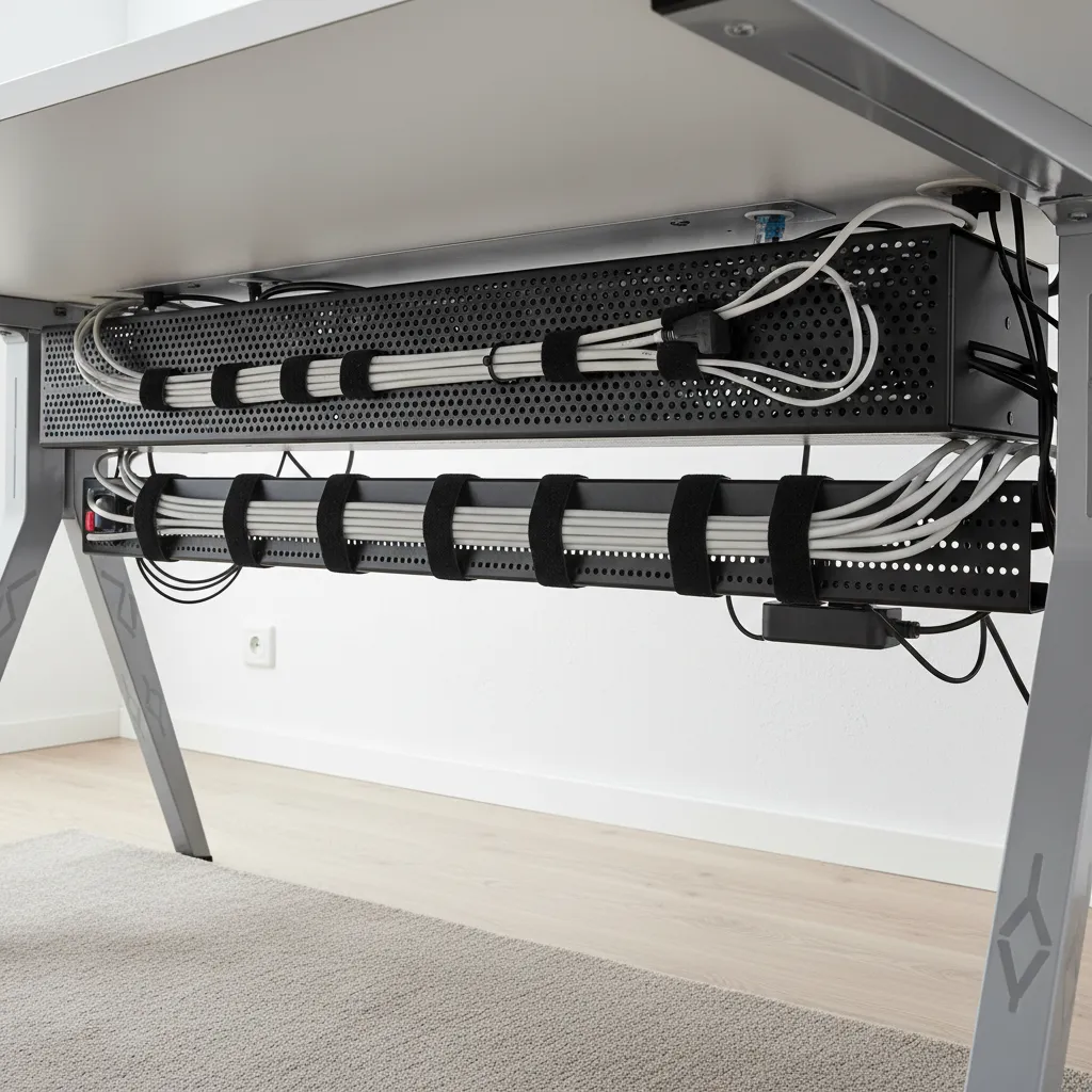 Under desk cable management showing black metal trays holding organized white wires with black straps