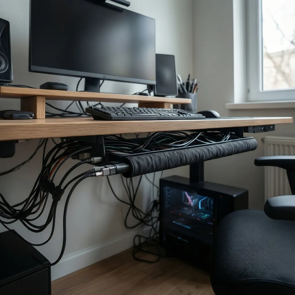 Computer desk with clean cable management using sleeves and under desk cable tray