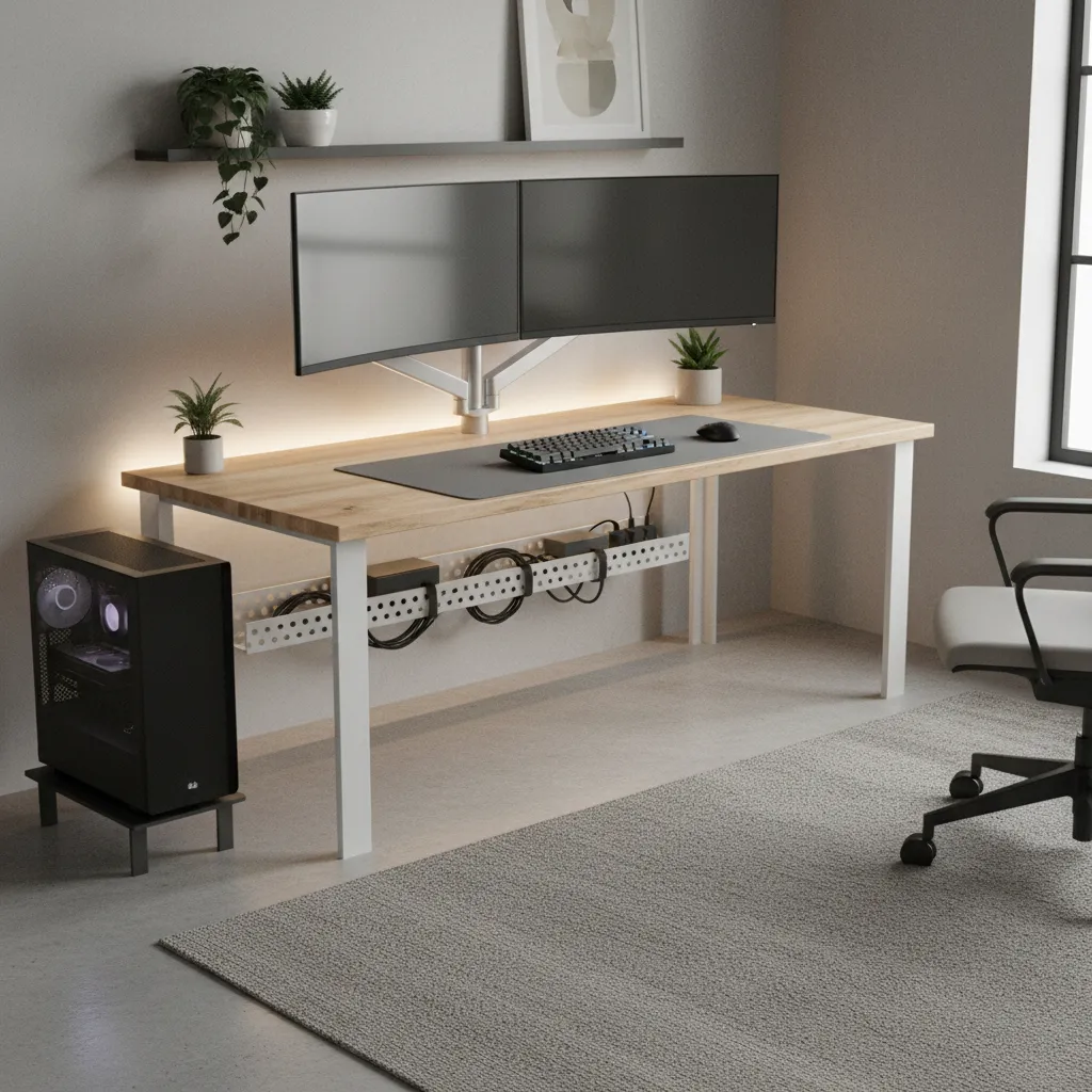 computer hardware arrangement showing PC tower placement and cable management