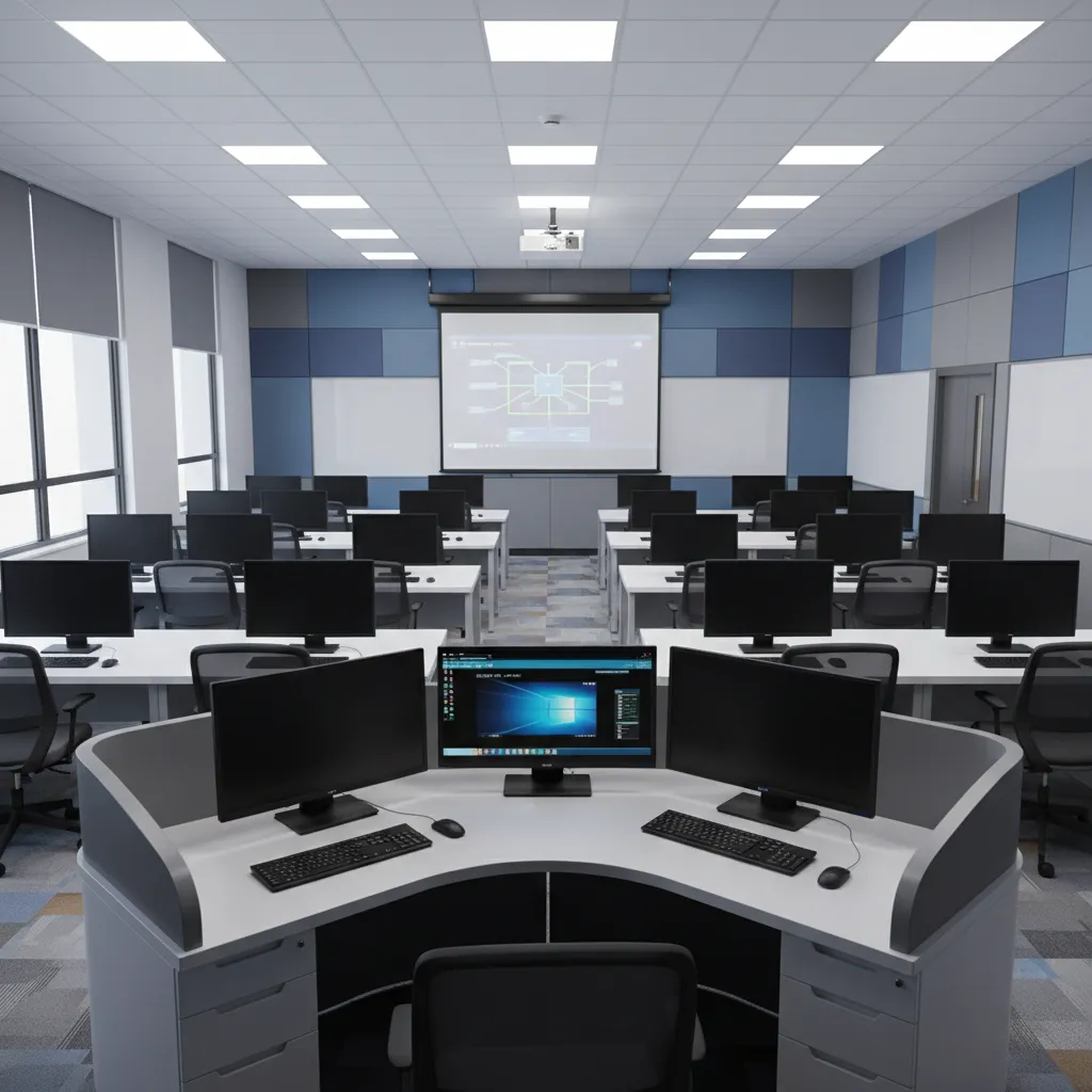 computer lab instructor station with view of all student computers