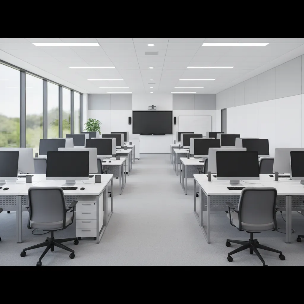 computer lab desks with proper workstation spacing and wide aisles