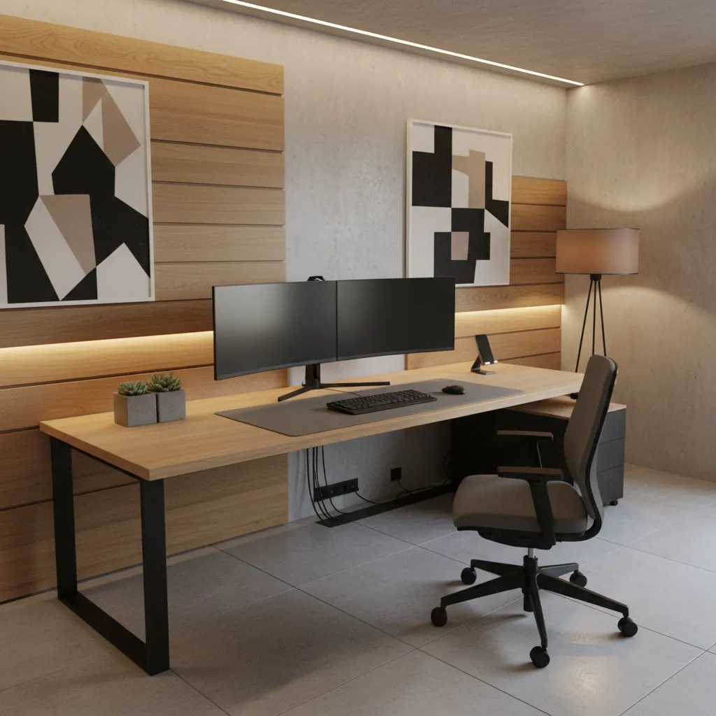 Modern home office with dual monitors wooden desk wall art floor lamp and grey chair