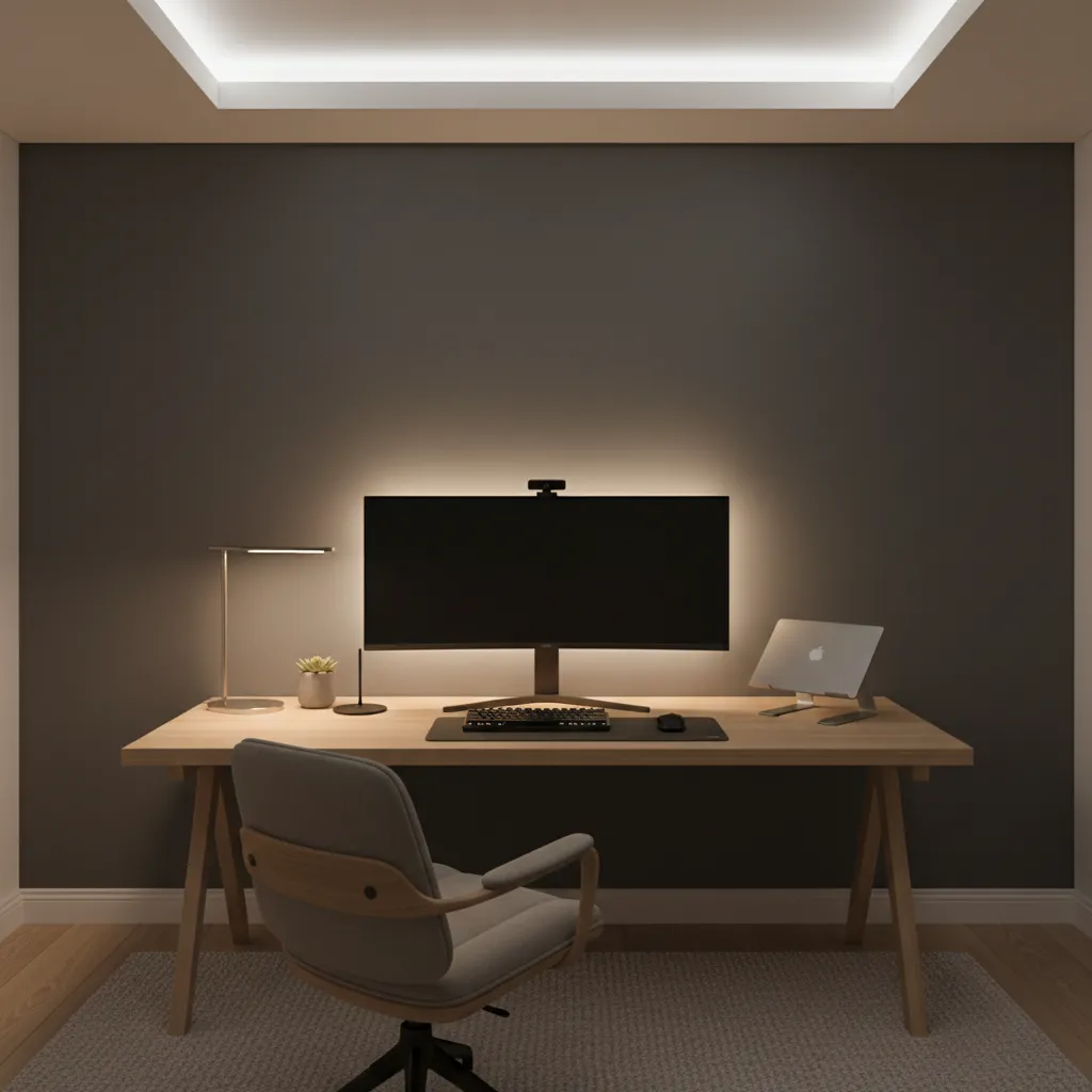 Minimalist home office with light behind monitor desk lamp grey chair laptop wooden work area