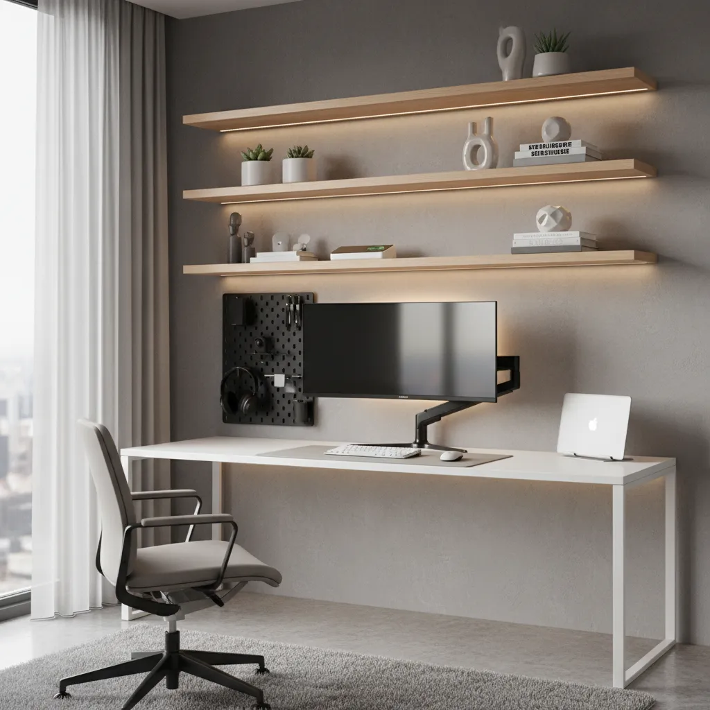 Computer room wall with floating shelves and mounted accessories above desk
