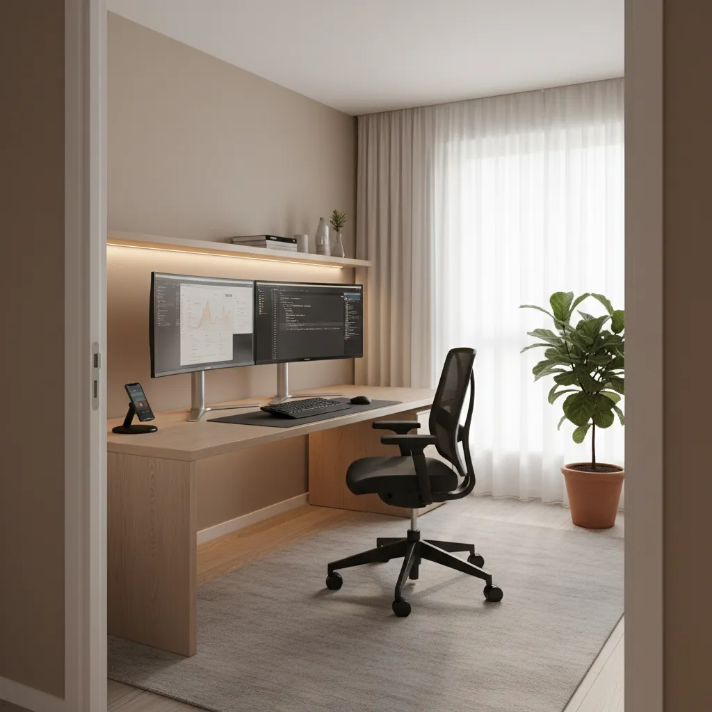 clean modern computer workspace layout with desk monitors and organized accessories