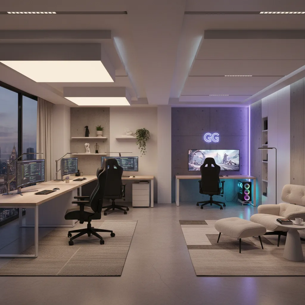 computer room with separate zones for workstation gaming and relaxation