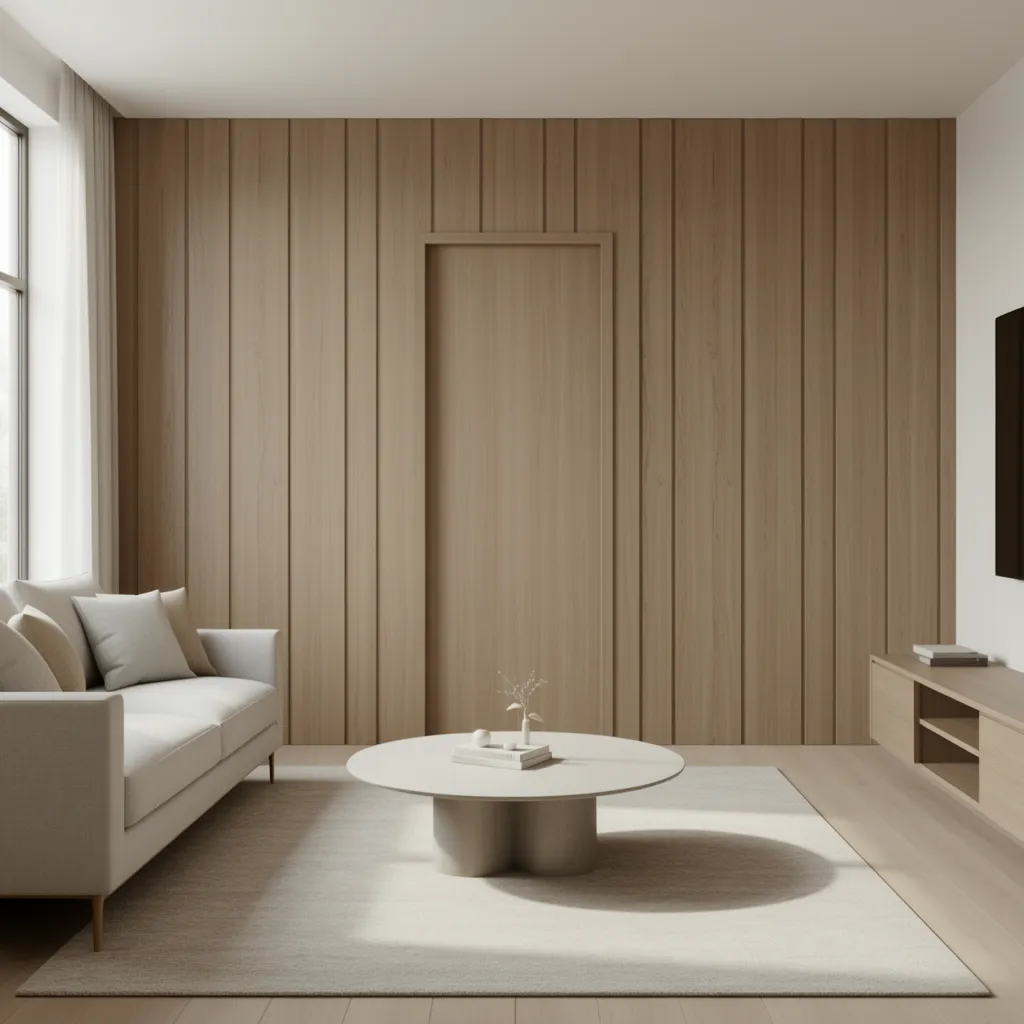 Living room feature wall with a hidden bathroom door disguised as paneling