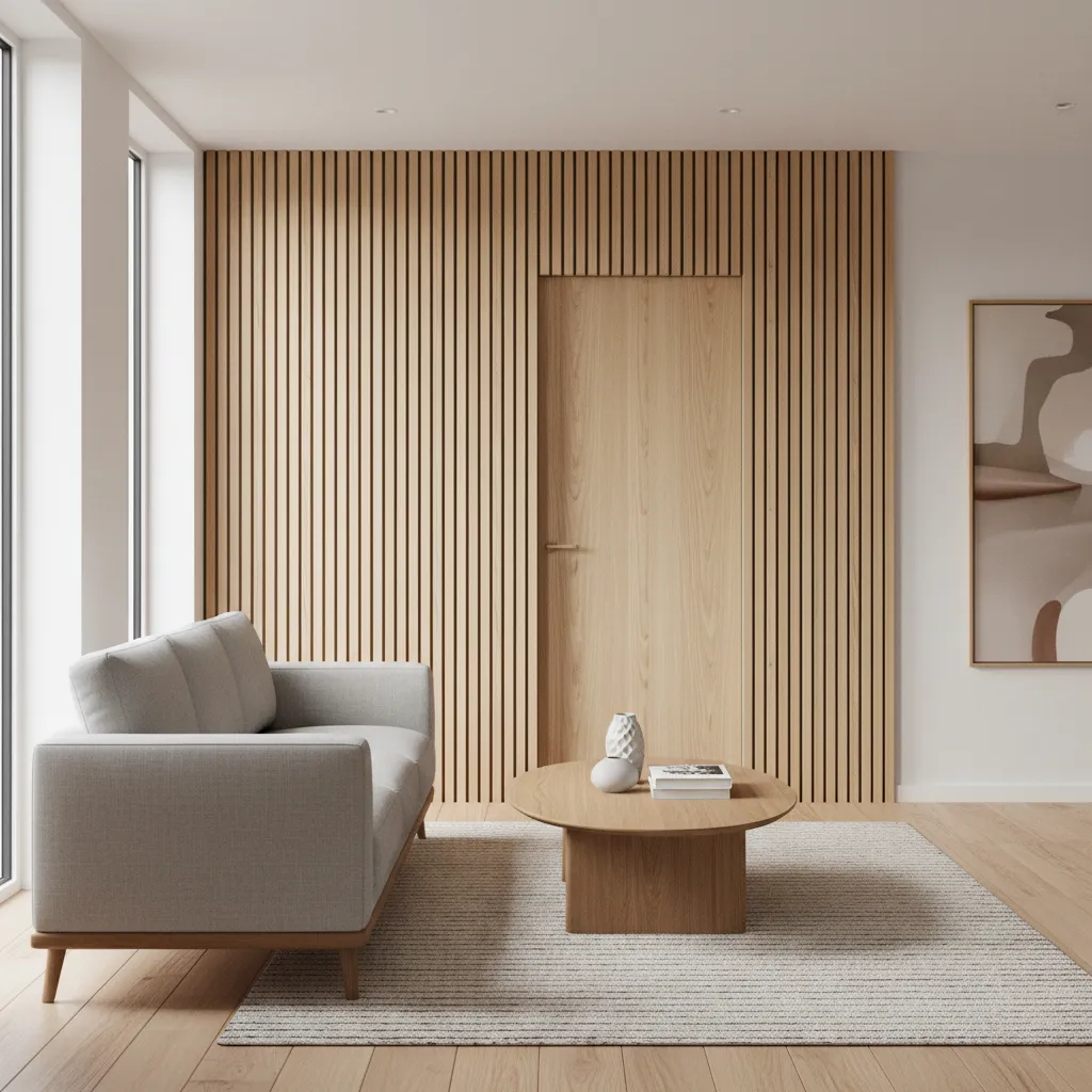 Living room wall with hidden bathroom door integrated into vertical wood panels