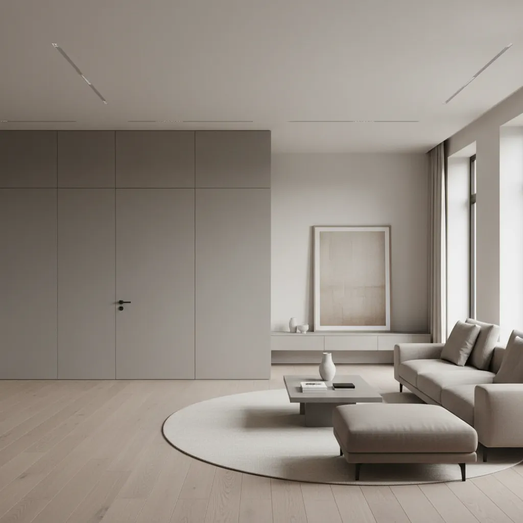 modern apartment with concealed bathroom door blending into wall