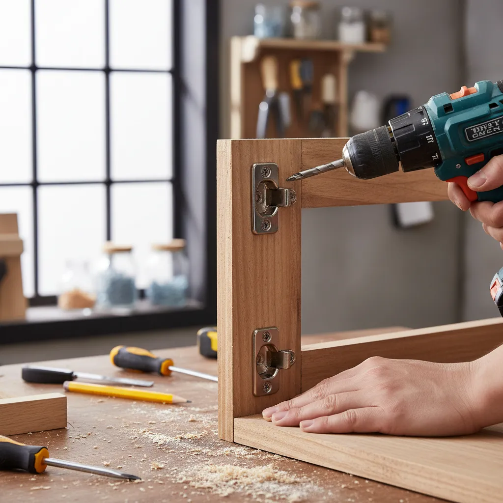 Close up of concealed hinge installed on DIY cabinet door