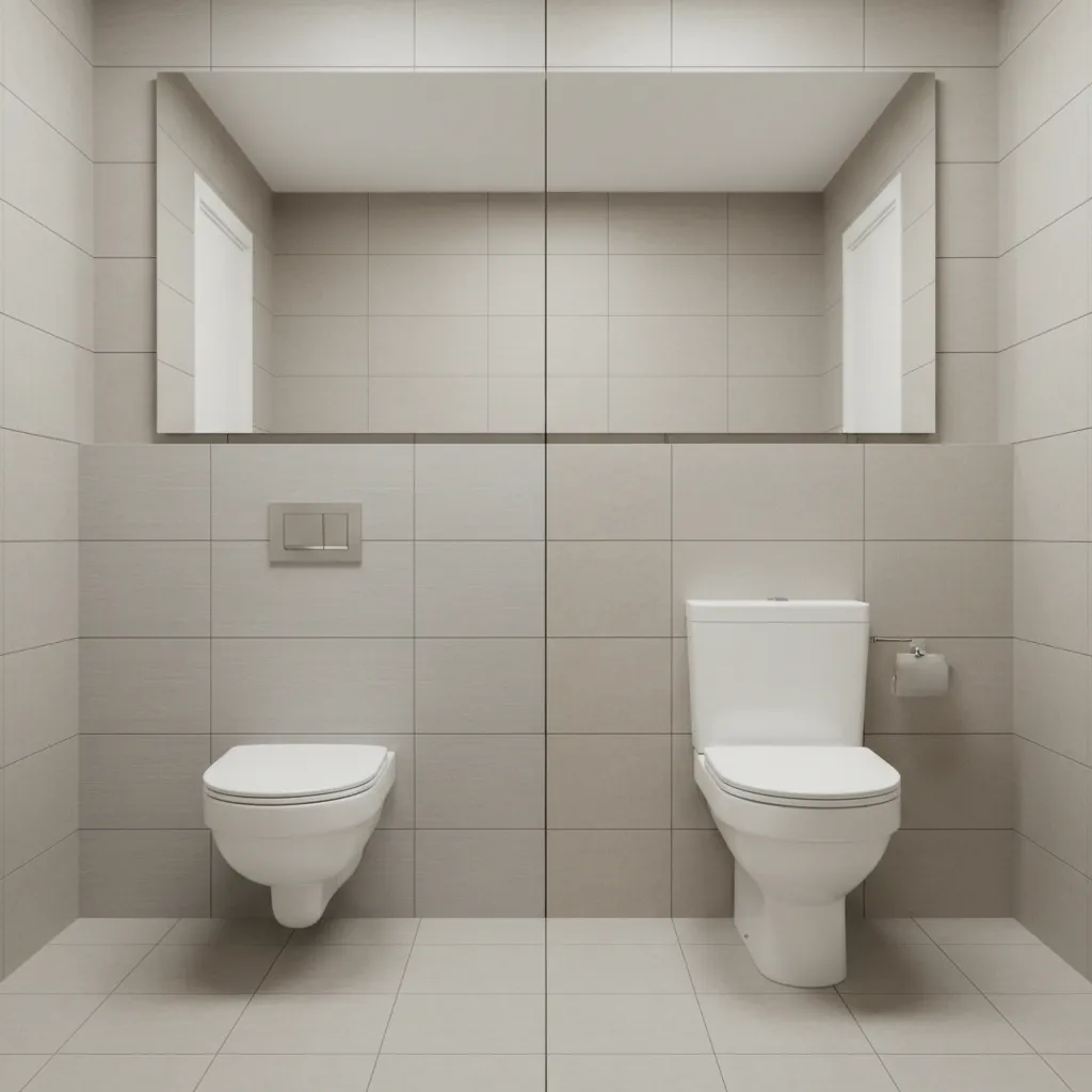 Side by side concealed and exposed toilet tank design in modern bathroom