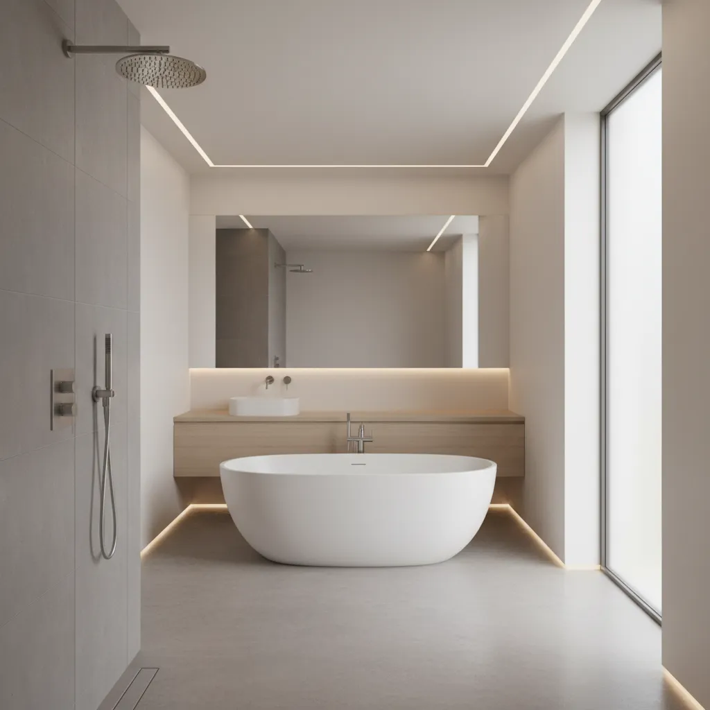Minimalist concealed wall shower system in modern bathroom