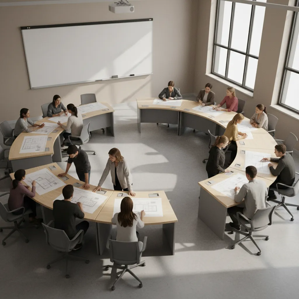 Students seated in concentric circles during a planning studio discussion