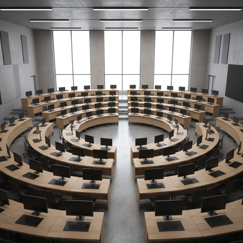 Large lecture hall with semi circular wooden desks black monitors grey walls and bright windows