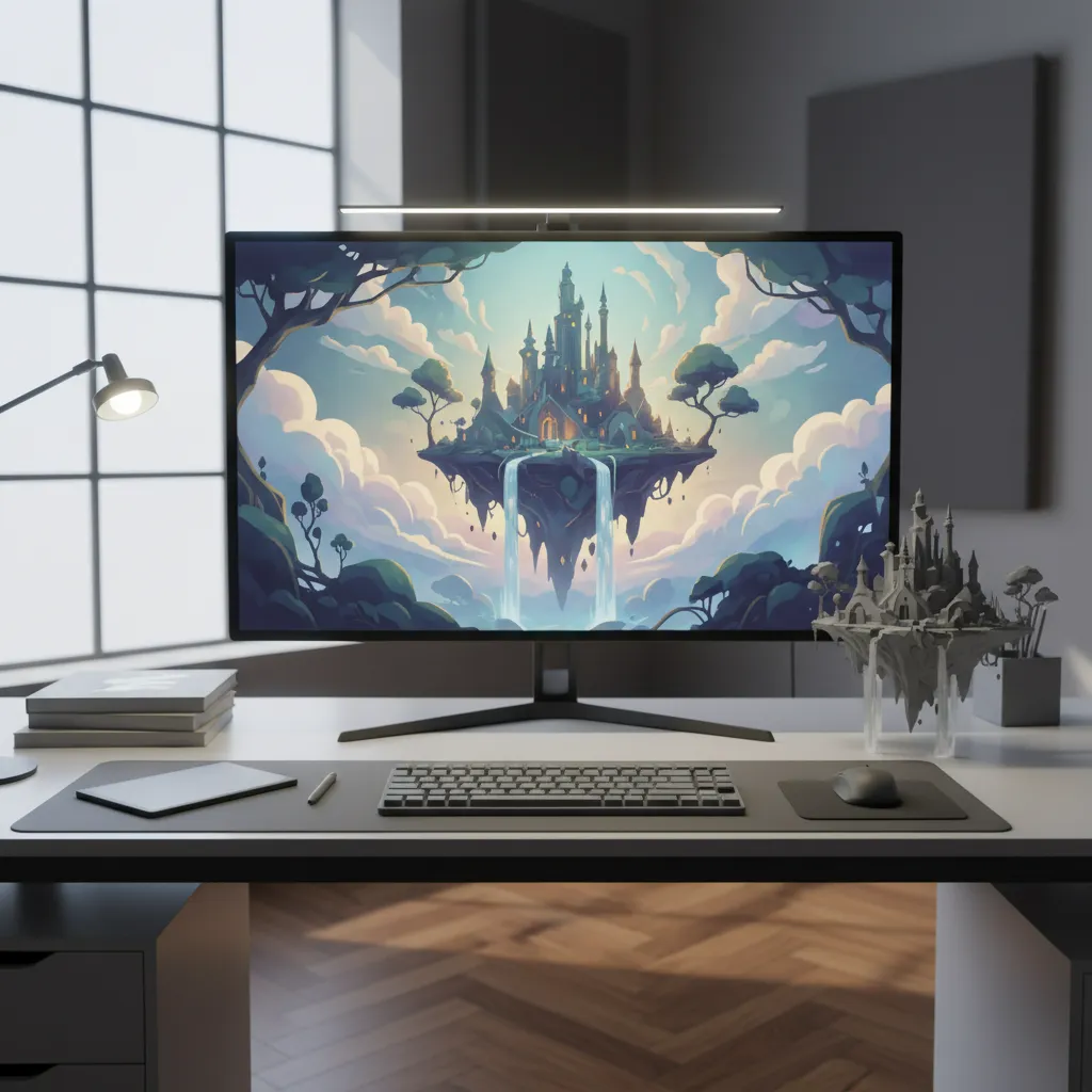 stylized concept art displayed next to a 3D model blockout