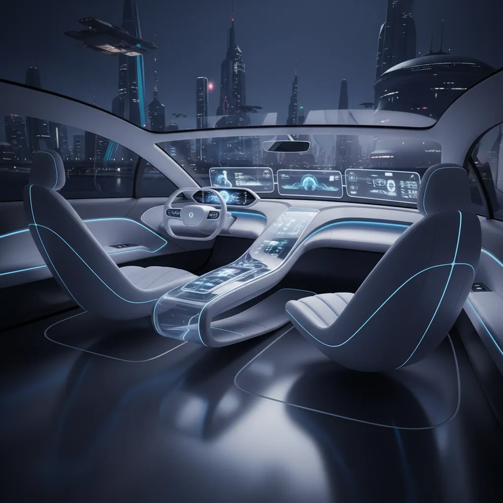 Futuristic car interior featuring white seats, blue lights, digital screens, and a city view background