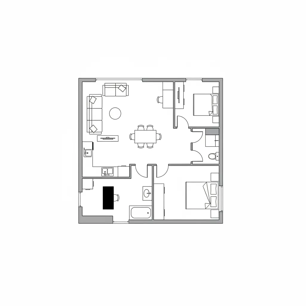 Simple black and white concept floor plan showing room layout