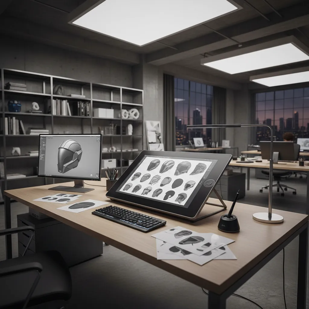 concept artist sketching futuristic helmet design for character creation