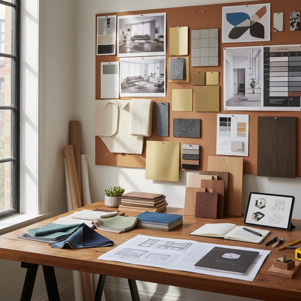 Mesa de trabajo con moodboard de interiorismo, muestras de materiales y bocetos