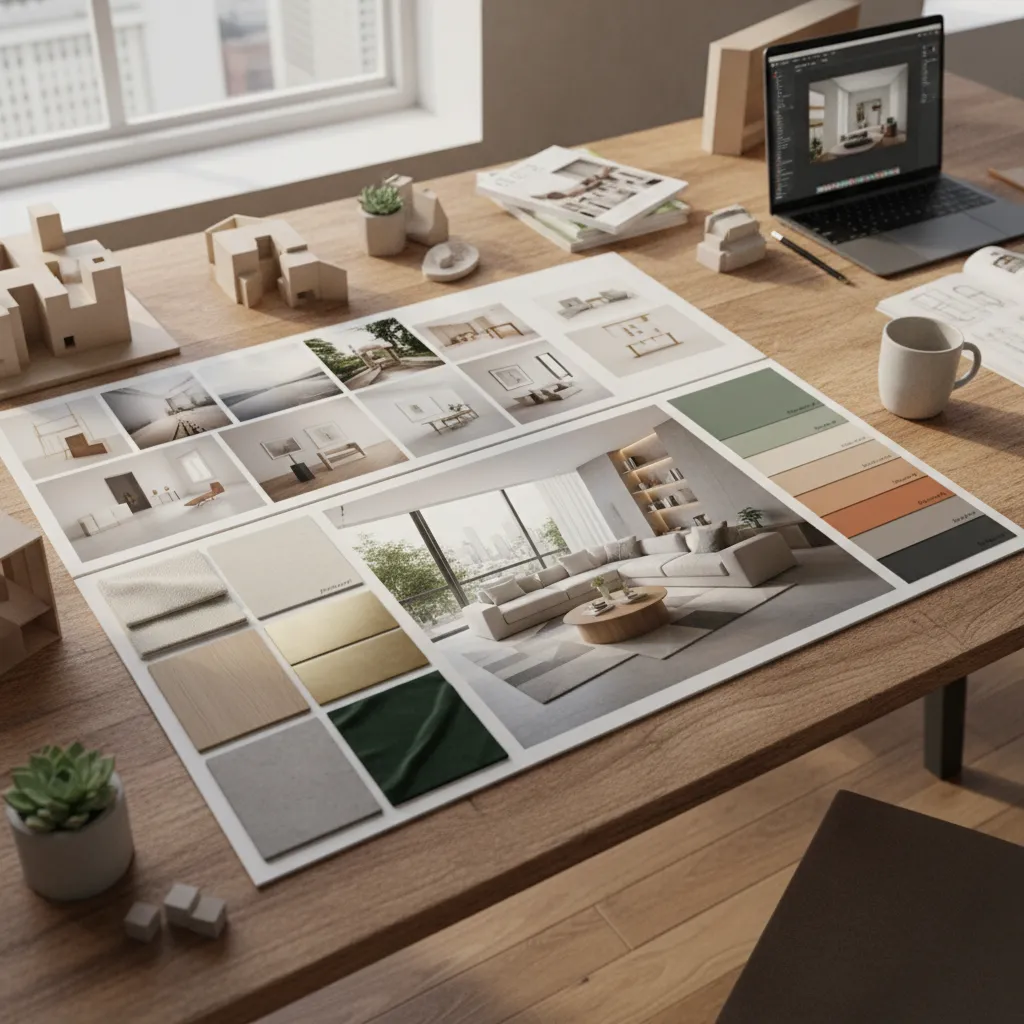 Proyecto conceptual de interiorismo con moodboard y render de sala