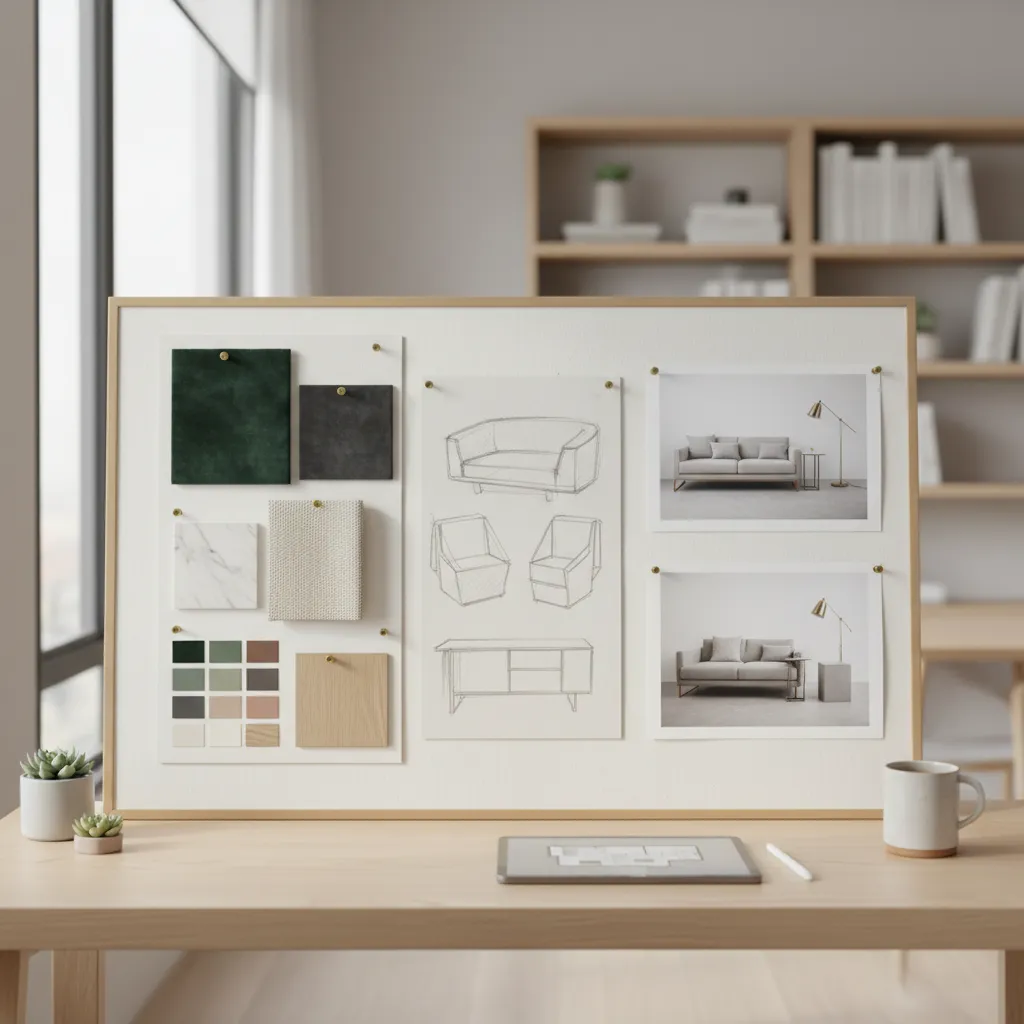 Panel conceptual de diseño interior con moodboard y esquema espacial