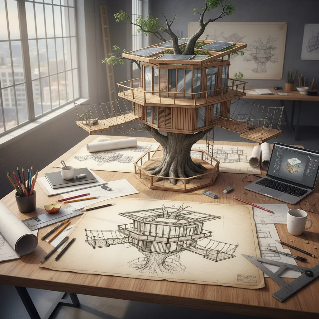 Boceto conceptual de diseño de casa de árbol con plataformas y estructura ligera