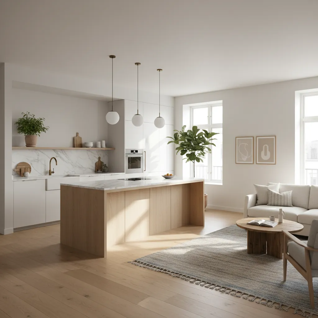 Modern open kitchen with wood island marble countertop white sofa round coffee table and plant